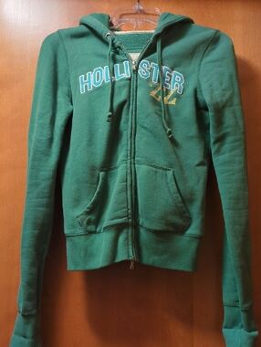 Hollister Green Zip Hoodie with Logo Label